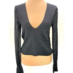 Anthropologie Twofer Sweater Sz Small Black Woven-Sleeve Deep V-Neck Bell Cuffs